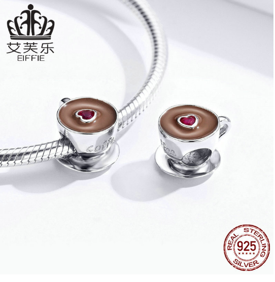 Sterling Silver S925 Coffee Cup Beaded DIY Bracelet Accessories charm Original Charm Loose Bead Ornaments