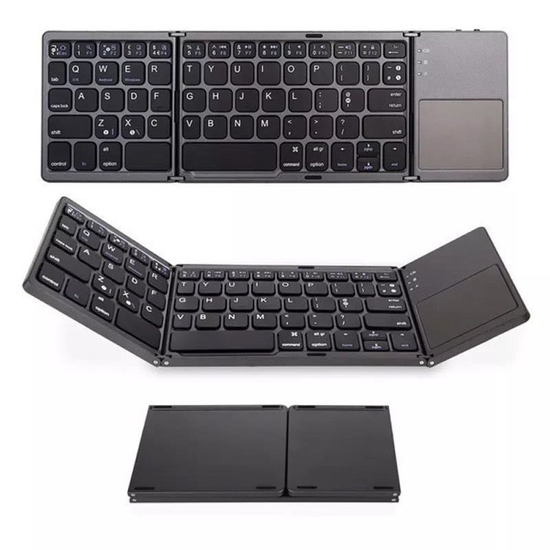 Check out our Portable Bluetooth Keyboard with Touchpad for quick and easy typing! USB rechargeable, it can fold up for convenient storage. Plus, media control keys make entertainment device management a breeze. Perfect for travels!