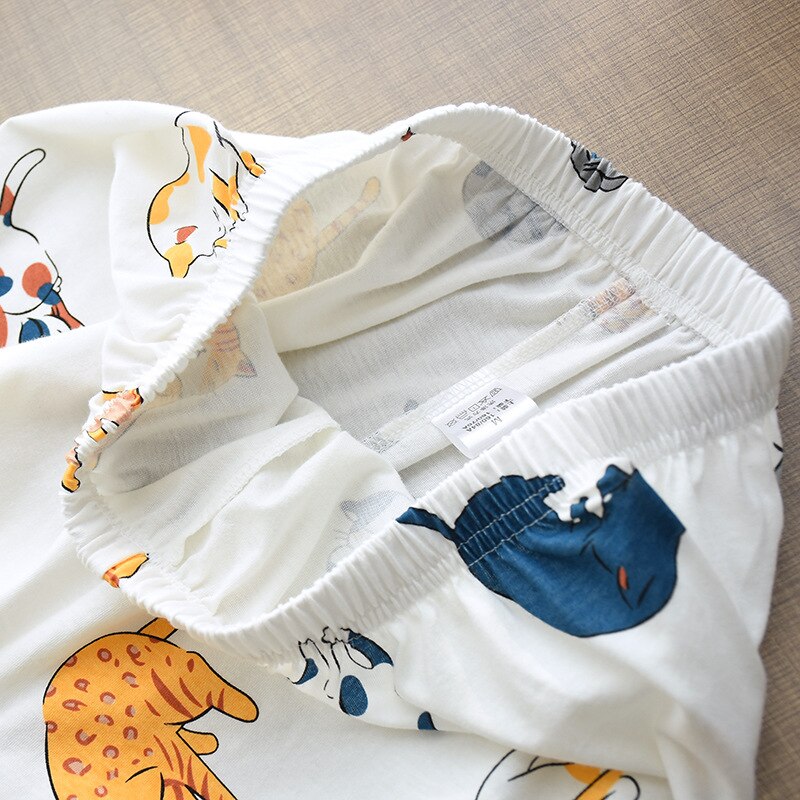 100% Cotton Cute Cat Print Cartoon 2Pcs Set Sleepwear Female Tops and Pants Nighties Pyjama Suit