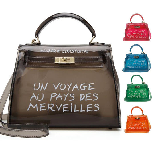 Clear Transparent PVC Shoulder Bags Un Voyage au Pays des Merveilles Emporium Discounts come in 5 different colours Brown, red, green, blue, orange