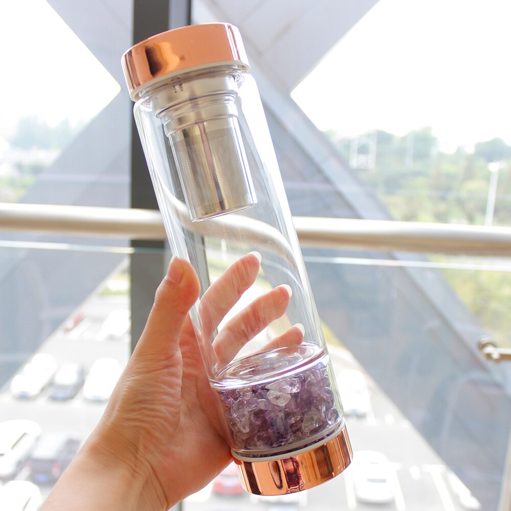 Natural Crystal Elixir Bottles gemstone Glass therapy stone Tea filter filter bottle Healing Crystal Infuser Energy cup