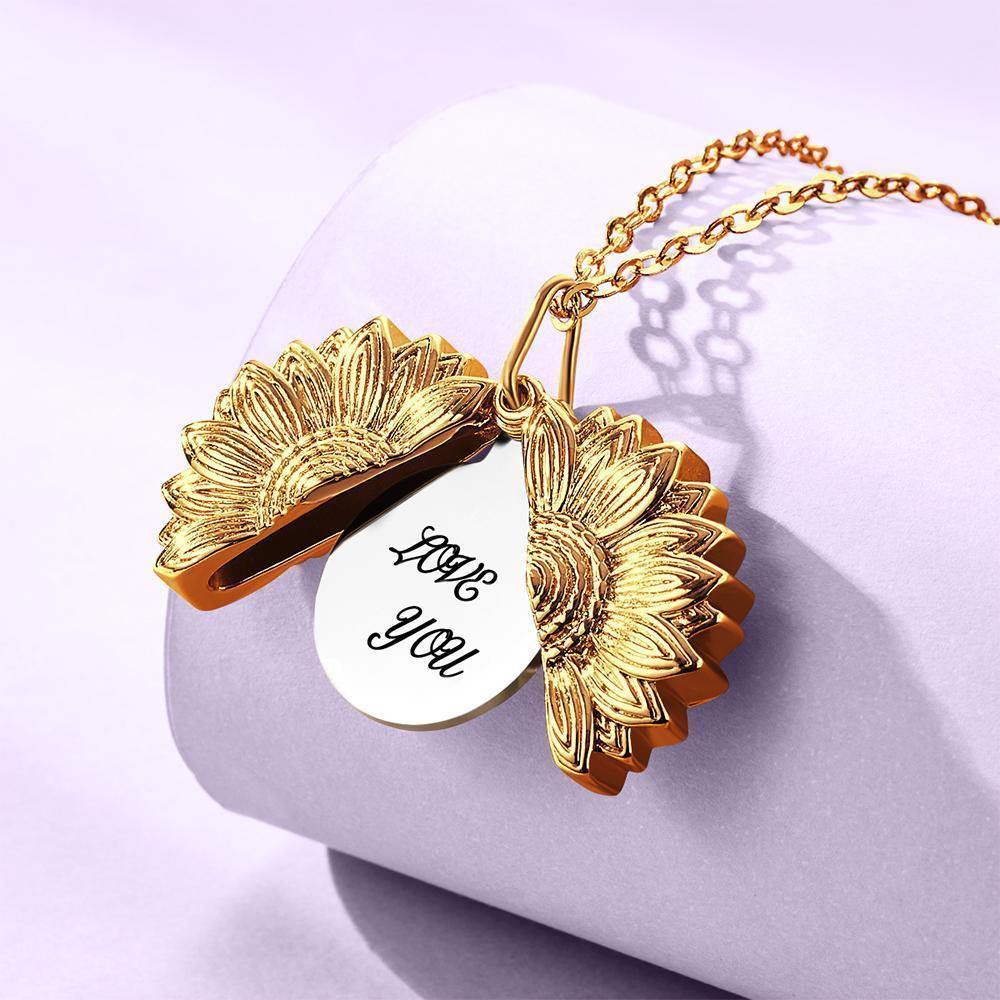 Custom Engraved Text Sunflower Locket Necklace Emporium Discounts