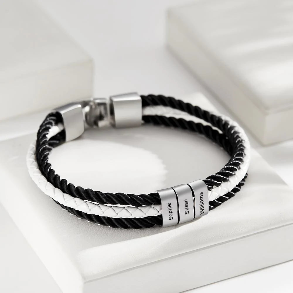 Custom Engraved Bracelet Braided Layered Leather Gifts Emporium Discounts 3 names Engraved bracelet, Mens gift, Braided leather, Layered design, Customized accessory, Personalized jewelry, Stylish wristband, Unique present, Handcrafted accessory, Custom message, Fashionable bracelet, Trendy mens jewelry, Thoughtful gift