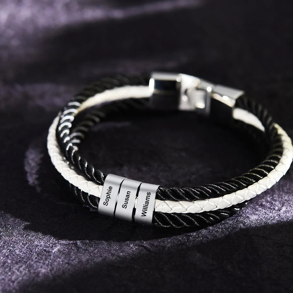 Custom Engraved Bracelet Braided Layered Leather Gifts Emporium Discounts 3 names Engraved bracelet, Mens gift, Braided leather, Layered design, Customized accessory, Personalized jewelry, Stylish wristband, Unique present, Handcrafted accessory, Custom message, Fashionable bracelet, Trendy mens jewelry, Thoughtful gift