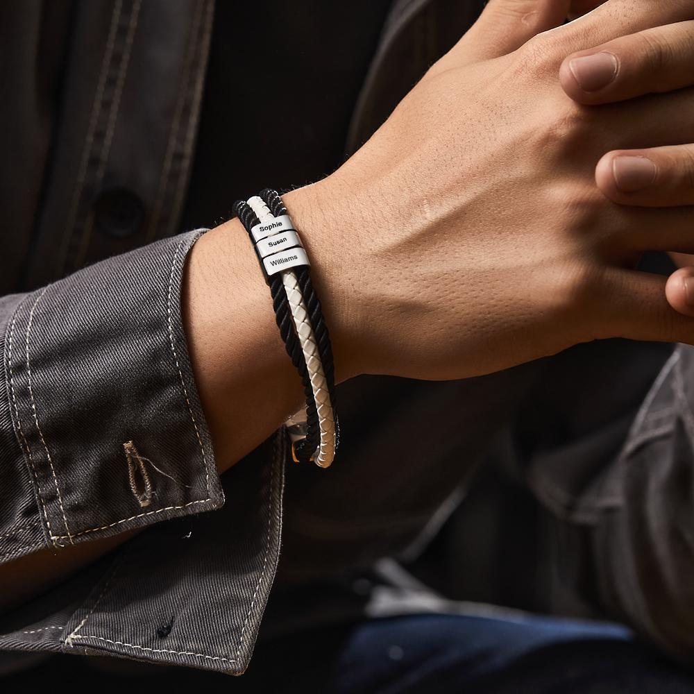 Custom Engraved Bracelet Braided Layered Leather Gifts Emporium Discounts 3 names Engraved bracelet, Mens gift, Braided leather, Layered design, Customized accessory, Personalized jewelry, Stylish wristband, Unique present, Handcrafted accessory, Custom message, Fashionable bracelet, Trendy mens jewelry, Thoughtful gift