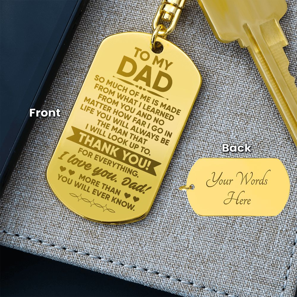 Create a unique keepsake with our Engraved Keychain. This high-quality stainless-steel piece can be customized on the back in a scripted font, with 2 lines of text, up to 20 characters each.  This attractive Engraved Keychain is the perfect gift for your dad on Father's Day or his birthday, keeping their keys safe in one spot!