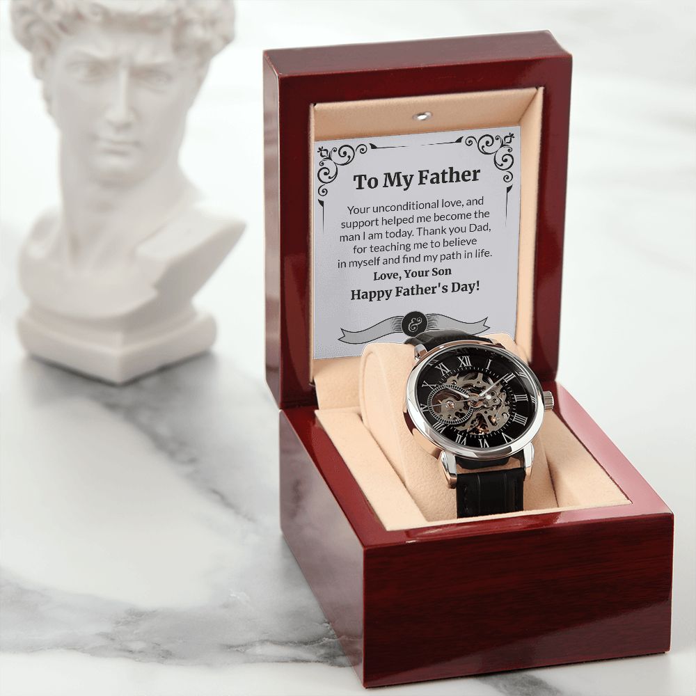 Make this Father's Day one to remember with the classic and stylish Men's Openwork Watch. With its sleek design and comfortable fit, this timeless accessory is sure to be a welcome addition to your father's wardrobe. Surprise your dad with a gift that speaks to just how much your love and appreciate him.