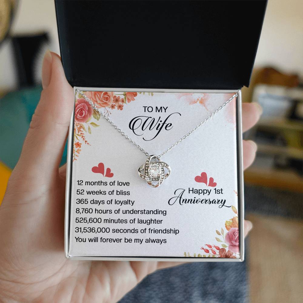 To my Wife,   12 months of love, 52 weeks of bliss, 365 days of loyalty, 8,760 hours of understanding, 525,600 minutes of laughter, 31,536,000 seconds of friendship, you will forever be my always.  Happy 1st Anniversary
