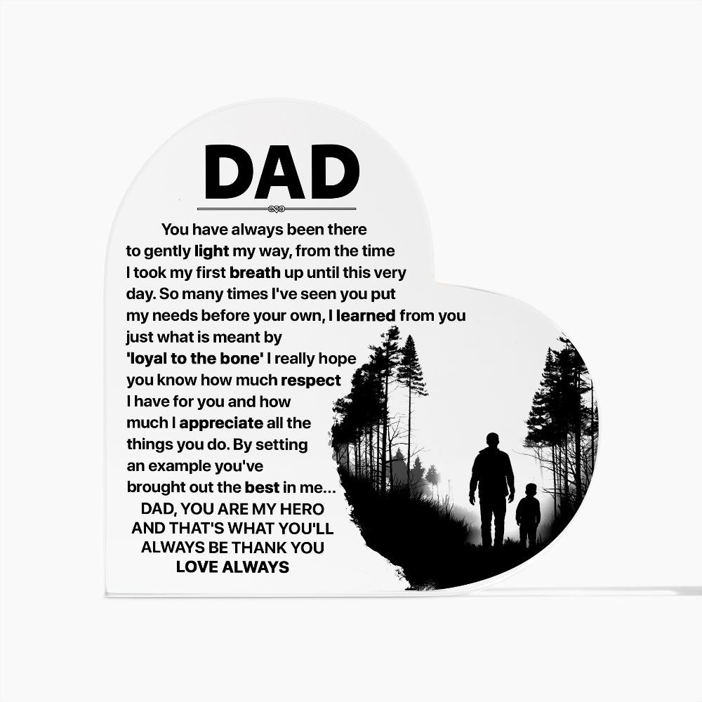 Show your dad how much you care with our Printed Heart Shaped Acrylic Plaque!  Crafted with precision and care, this stunning piece of art is a perfect expression of your heartfelt emotions.