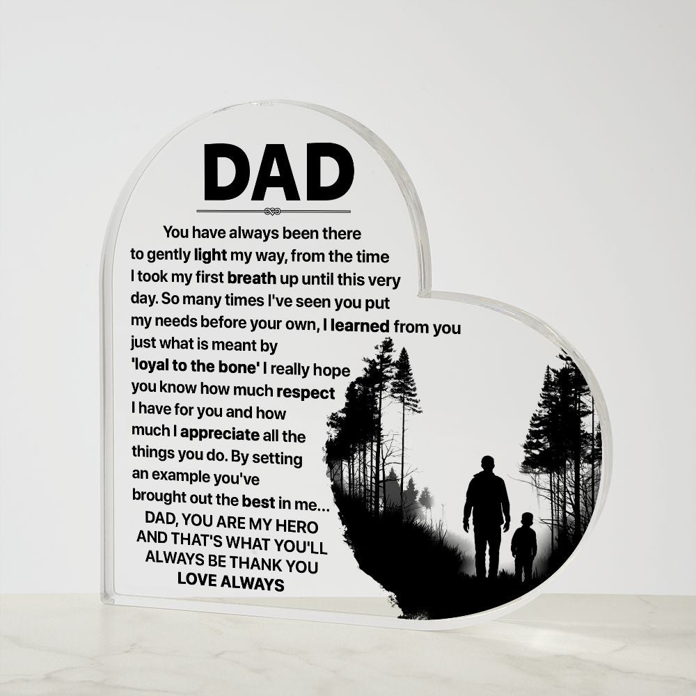 Show your dad how much you care with our Printed Heart Shaped Acrylic Plaque!  Crafted with precision and care, this stunning piece of art is a perfect expression of your heartfelt emotions.