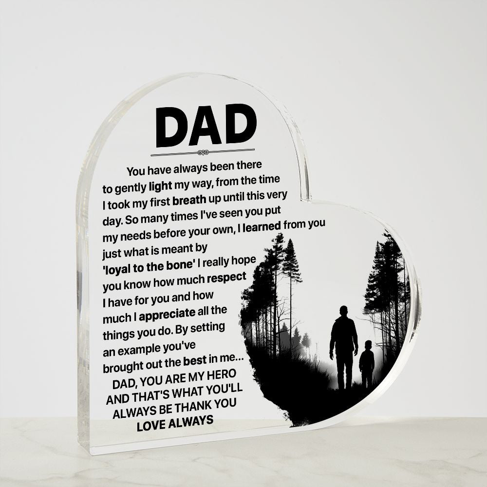 Show your dad how much you care with our Printed Heart Shaped Acrylic Plaque!  Crafted with precision and care, this stunning piece of art is a perfect expression of your heartfelt emotions.