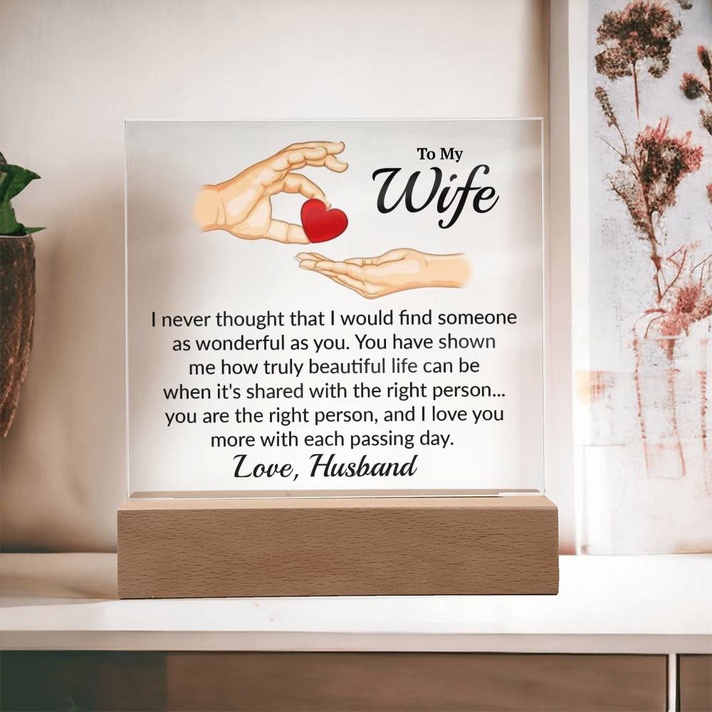 I never thought that I would find someone as wonderful as you. You have shown me how truly beautiful life can be when it's shared with the right person... you are the right person, and I love you more with each passing day. Love, Husband