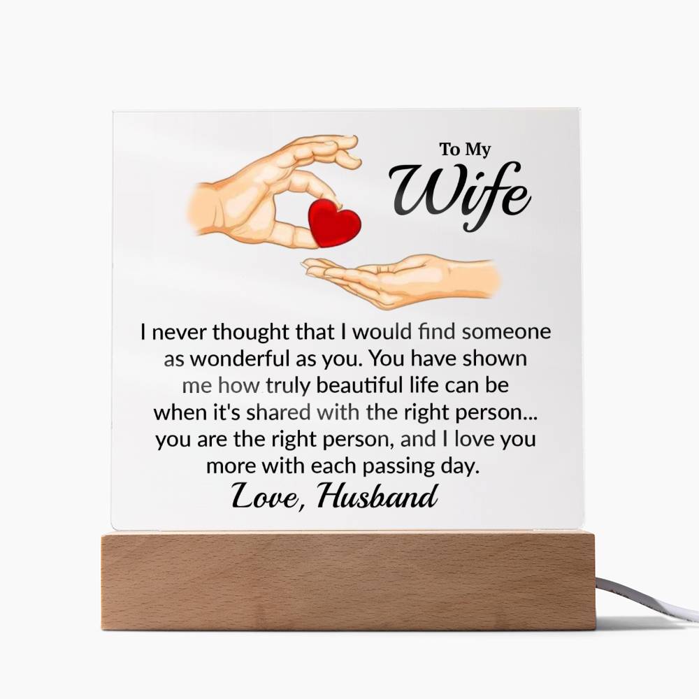 I never thought that I would find someone as wonderful as you. You have shown me how truly beautiful life can be when it's shared with the right person... you are the right person, and I love you more with each passing day. Love, Husband