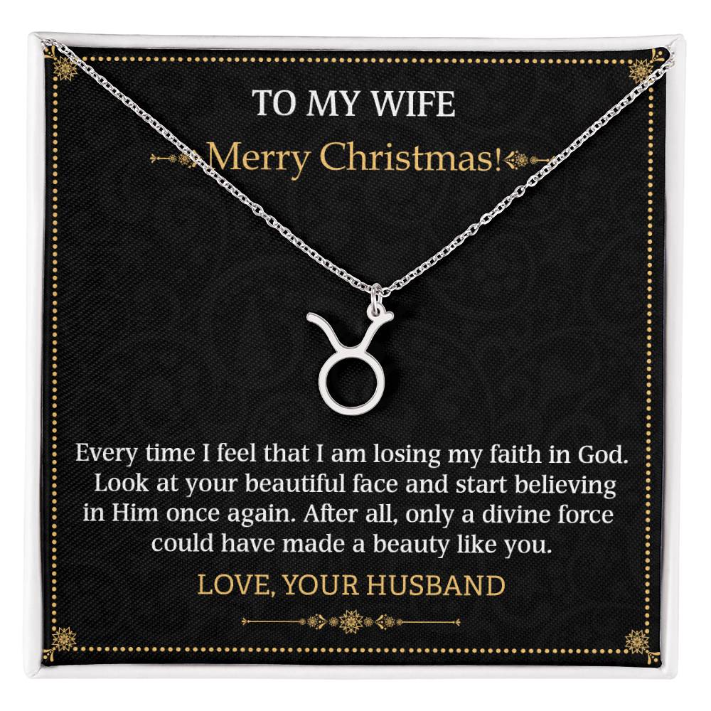 To My Wife, Merry Christmas  Every time I feel that I am losing my faith in God. Look at your beautiful face and start believing in Him once again. After all, only a divine force could have made a beauty like you. Love, your Husband