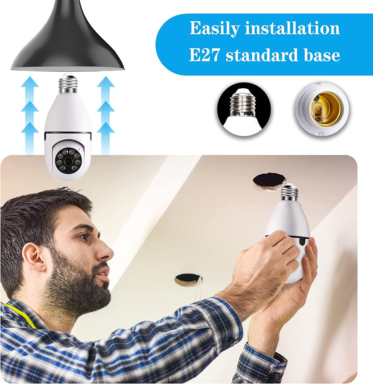 Introducing the Night Vision Security Camera! Perfect for home/office/warehouse/store security monitoring, it's a compact & easy-to-install light bulb camera. No hole drilling needed; just set it up and watch the baby, kids, spouse, & Grandma - all from your phone!