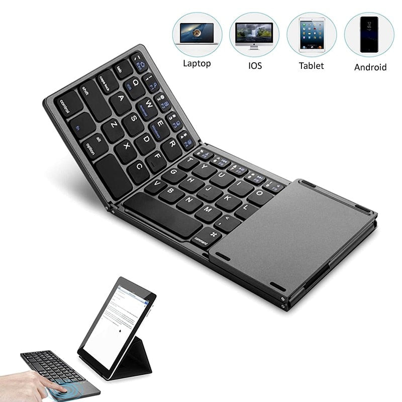 Check out our Portable Bluetooth Keyboard with Touchpad for quick and easy typing! USB rechargeable, it can fold up for convenient storage. Plus, media control keys make entertainment device management a breeze. Perfect for travels!