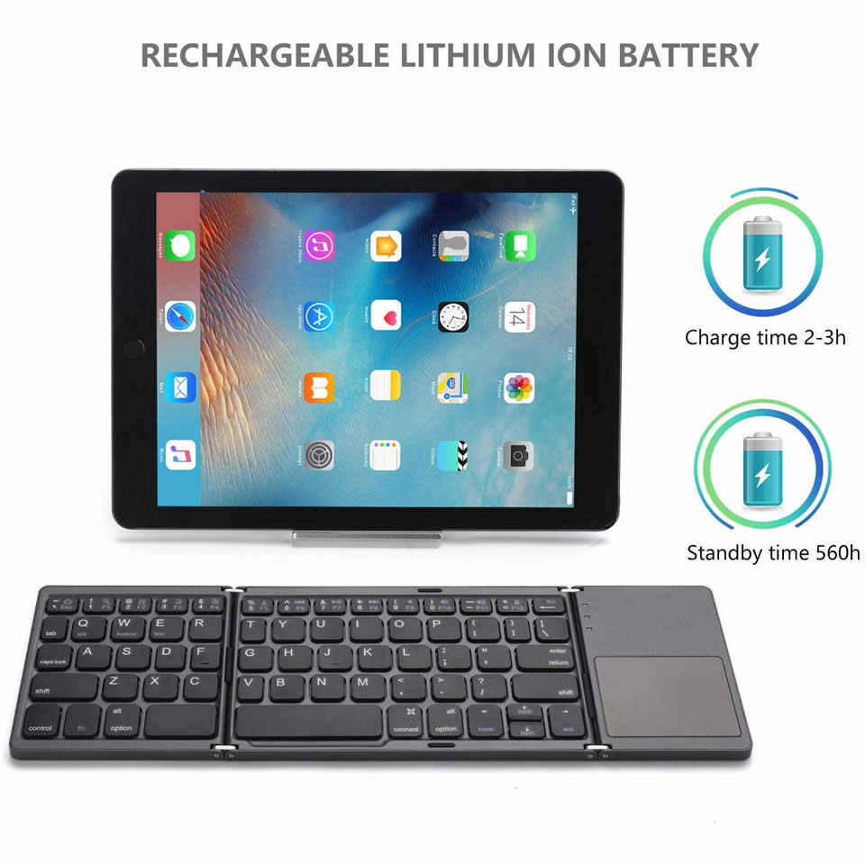 Check out our Portable Bluetooth Keyboard with Touchpad for quick and easy typing! USB rechargeable, it can fold up for convenient storage. Plus, media control keys make entertainment device management a breeze. Perfect for travels!