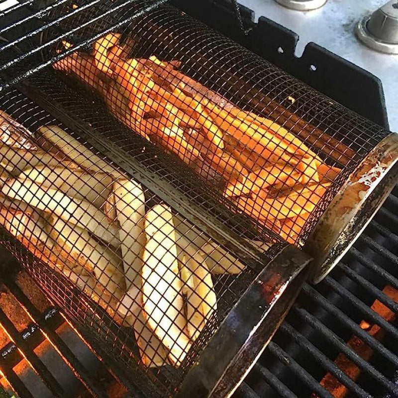 Rolling Grilling Basket Metal BBQ Barbecue Basket Net Portable Outdoor Camping Barbecue Rack Kitchen Gadgets Emporium Discounts