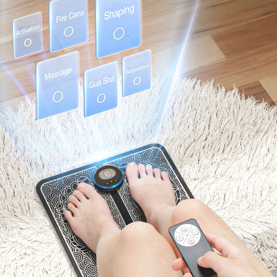 Experience the EMS Foot Massager: a modern solution for tackling cramps, swollen ankles, rigidity, and aches in your feet. This device uses electric pulses to quickly improve blood flow, diminish varicose veins, and provide your legs with a revitalizing lightness.
