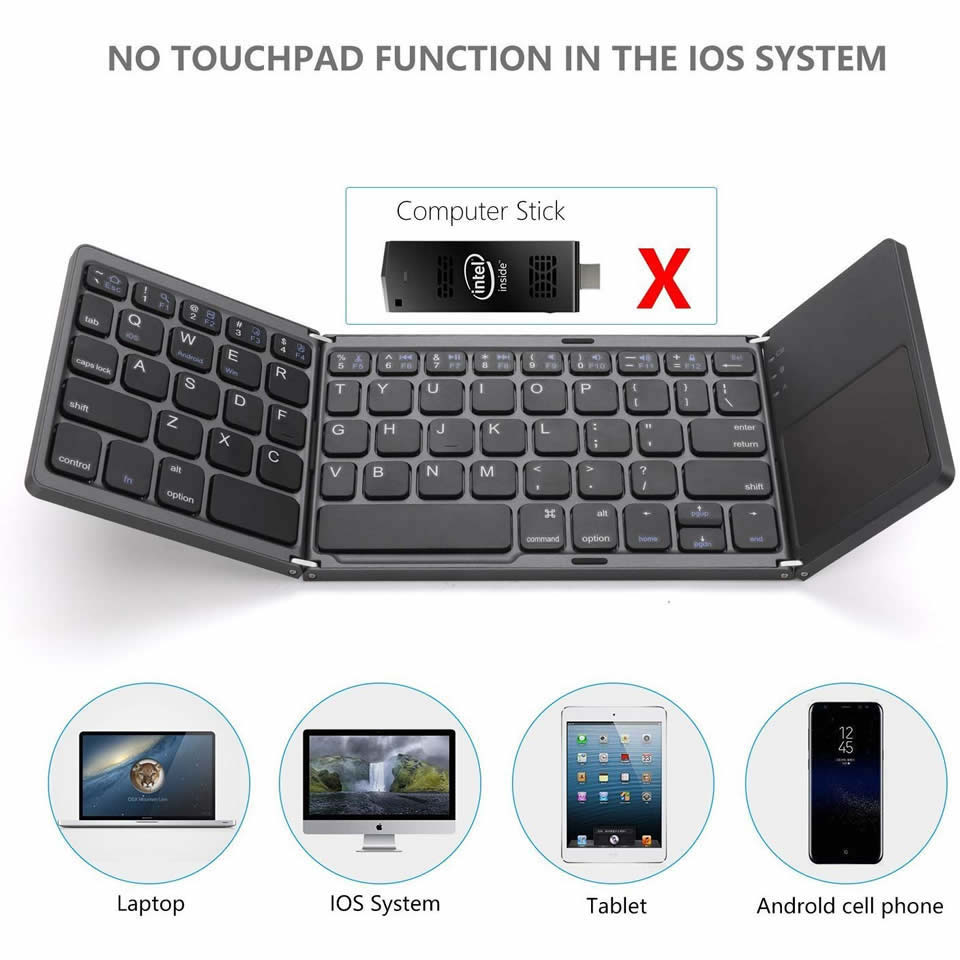 Check out our Portable Bluetooth Keyboard with Touchpad for quick and easy typing! USB rechargeable, it can fold up for convenient storage. Plus, media control keys make entertainment device management a breeze. Perfect for travels!
