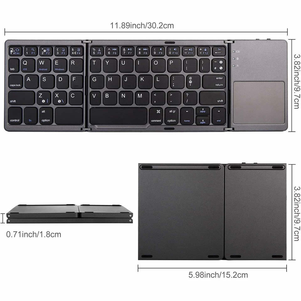 Check out our Portable Bluetooth Keyboard with Touchpad for quick and easy typing! USB rechargeable, it can fold up for convenient storage. Plus, media control keys make entertainment device management a breeze. Perfect for travels!