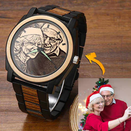 Personalized Engraved Photo Watch with Wood Strap 45mm Emporium Discounts
