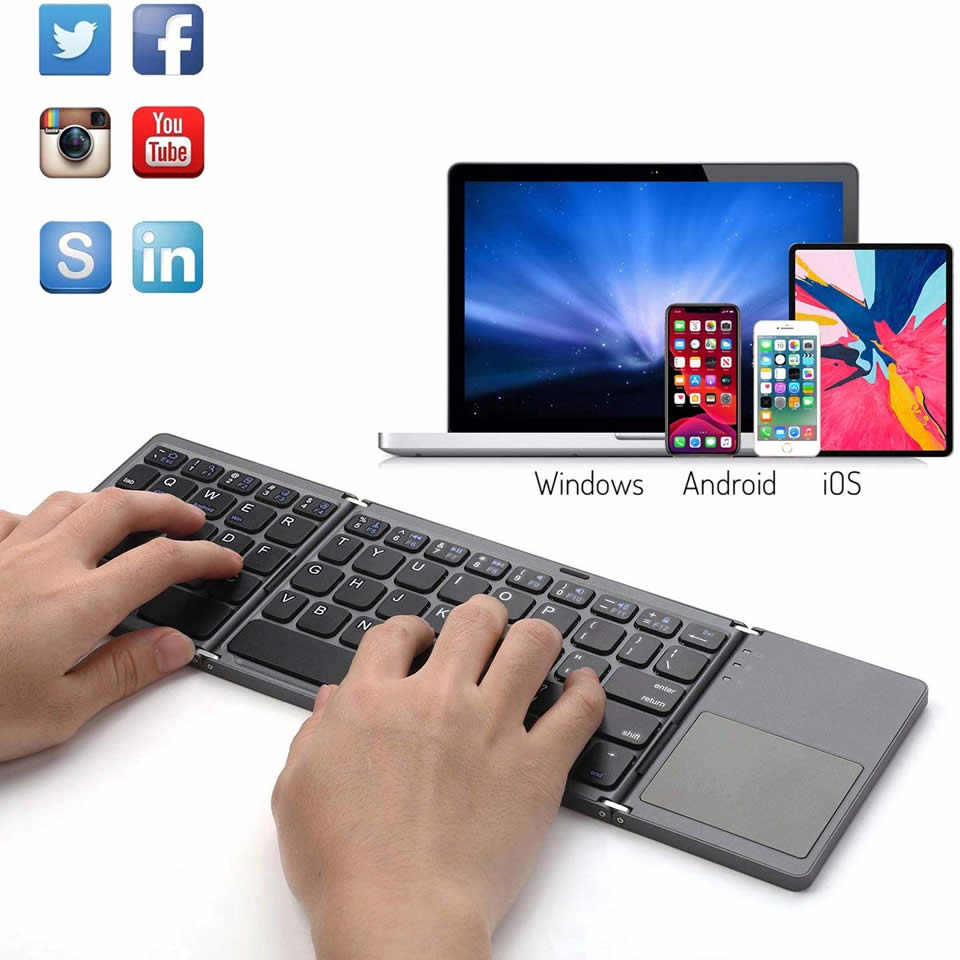 Check out our Portable Bluetooth Keyboard with Touchpad for quick and easy typing! USB rechargeable, it can fold up for convenient storage. Plus, media control keys make entertainment device management a breeze. Perfect for travels!