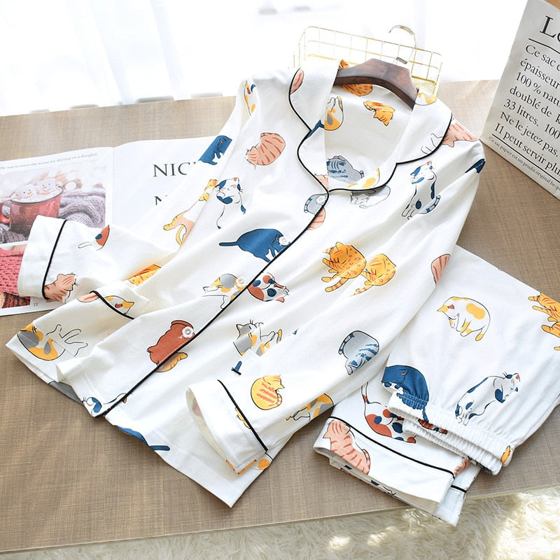 100% Cotton Pyjamas For Women Cute Cat Print Cartoon Home Clothes 2Pcs Set Sleepwear Female Tops+Pants Nighties Pyjama Suit Emporium Discounts