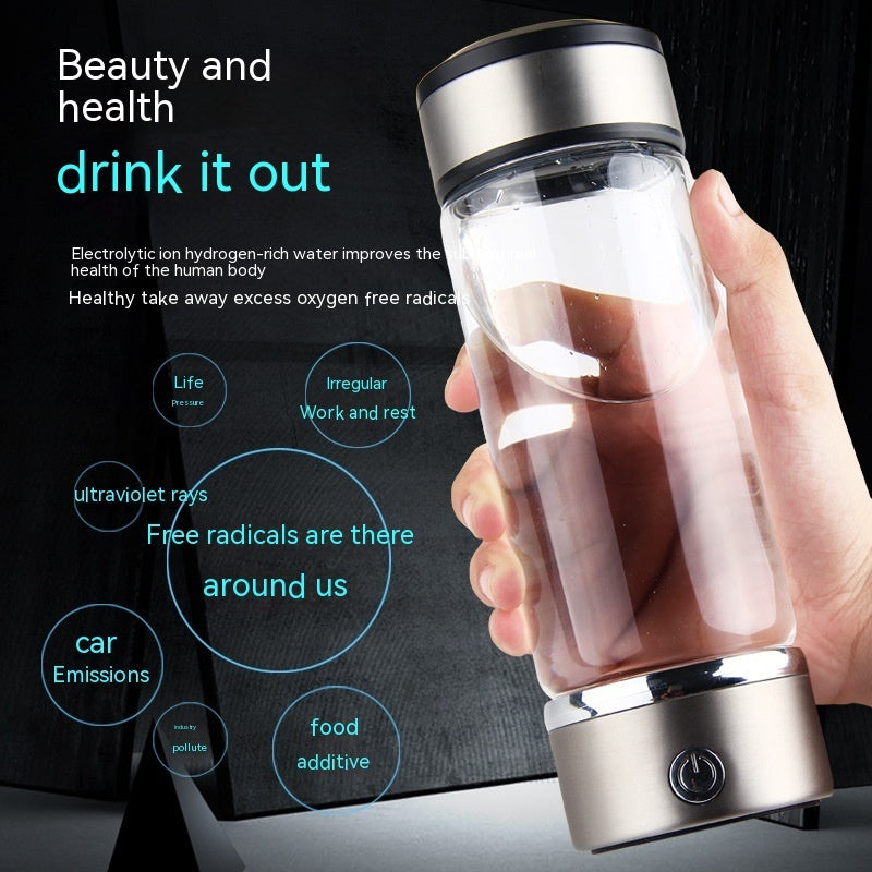 Hand holding a transparent water bottle with a black lid, featuring text about health benefits on a dark background.