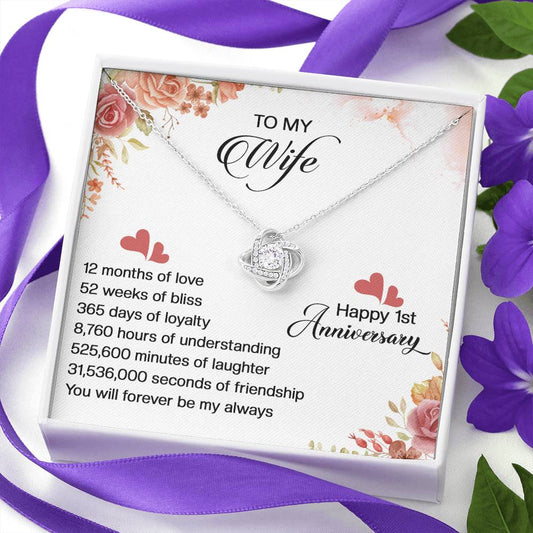 To my Wife,   12 months of love, 52 weeks of bliss, 365 days of loyalty, 8,760 hours of understanding, 525,600 minutes of laughter, 31,536,000 seconds of friendship, you will forever be my always.  Happy 1st Anniversary
